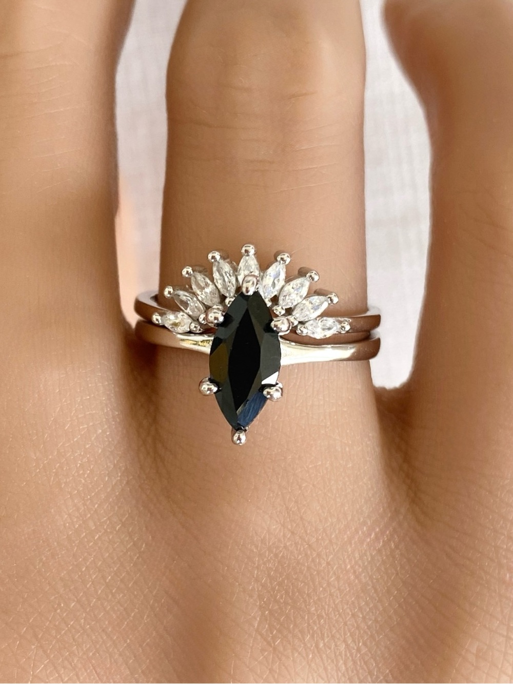 Marquise Cut Black Onyx 2pc Sterling Silver Solitaire Engagement Band Ring Set